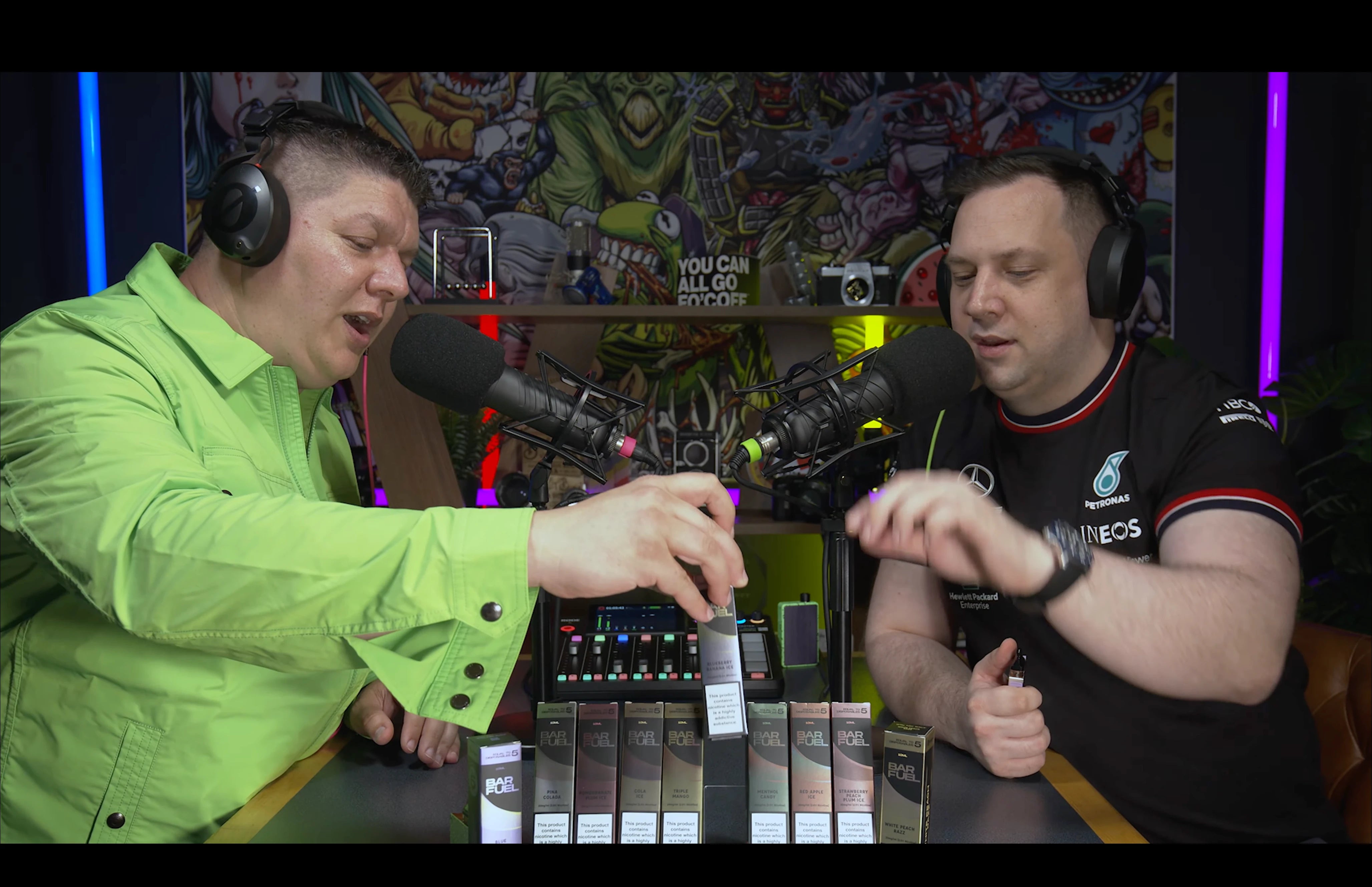 Two hosts are introducing Hangsen Bar Fuel e-liquids to their audience.