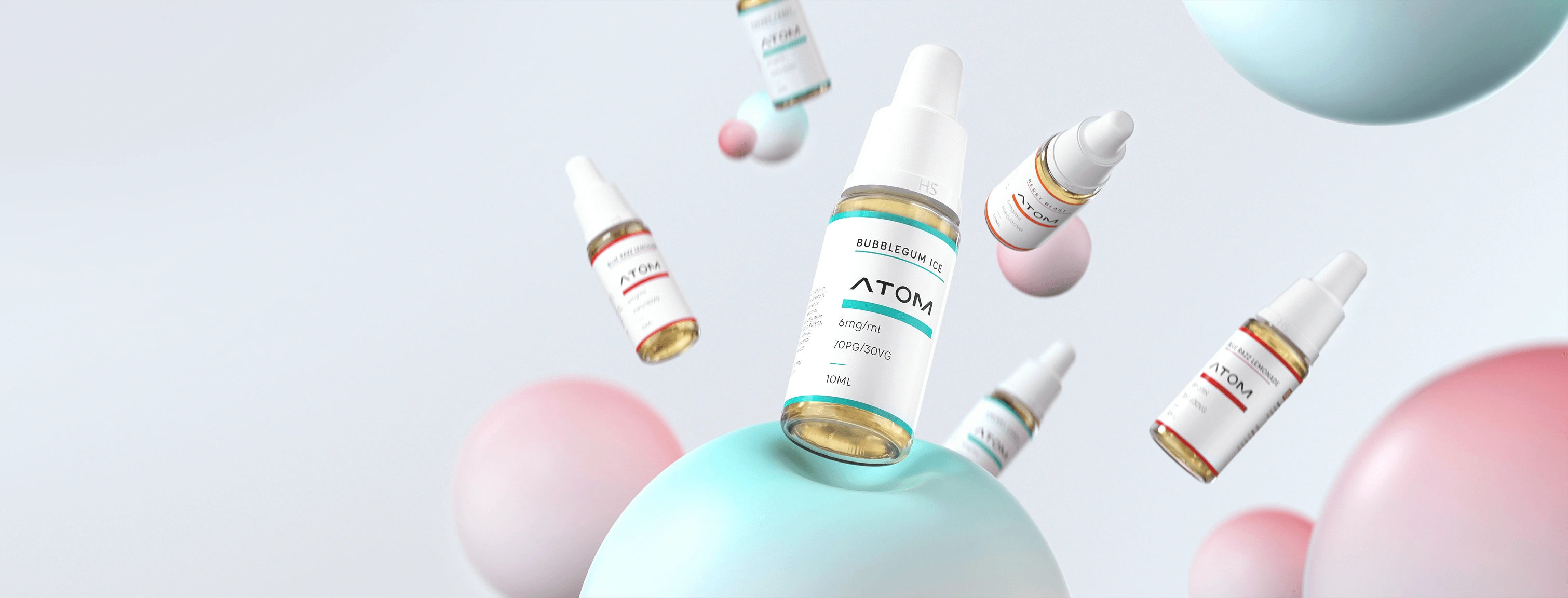 The image displays several e-liquid bottles suspended in mid-air against a light background with soft, out-of-focus orbs in pastel colors. The central bottle is clearly highlighted, with other bottles and orbs surrounding it in a balanced composition.