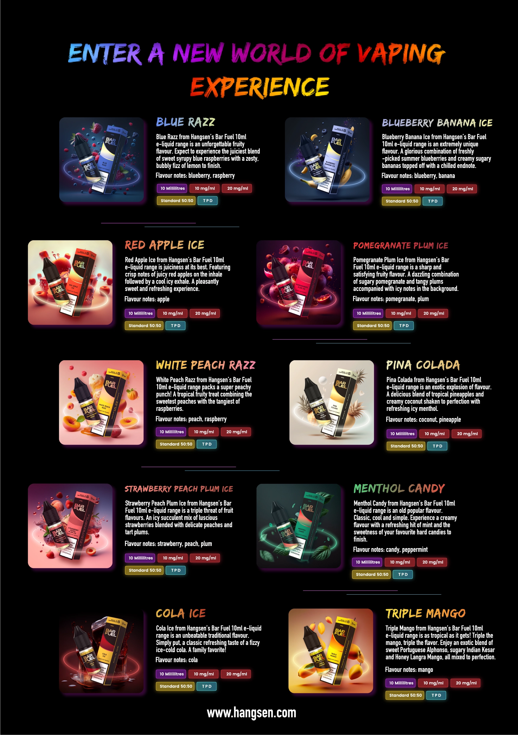 Hangsen Bar Fuel 10 flavours at a glance chart